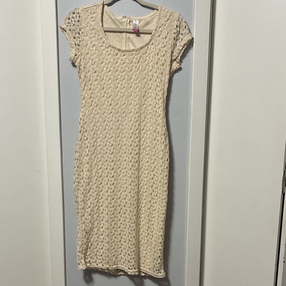 No Boundaries Beige Lace Overlay Sheath Dress M (7-9) Knee Scoop Lined Zip